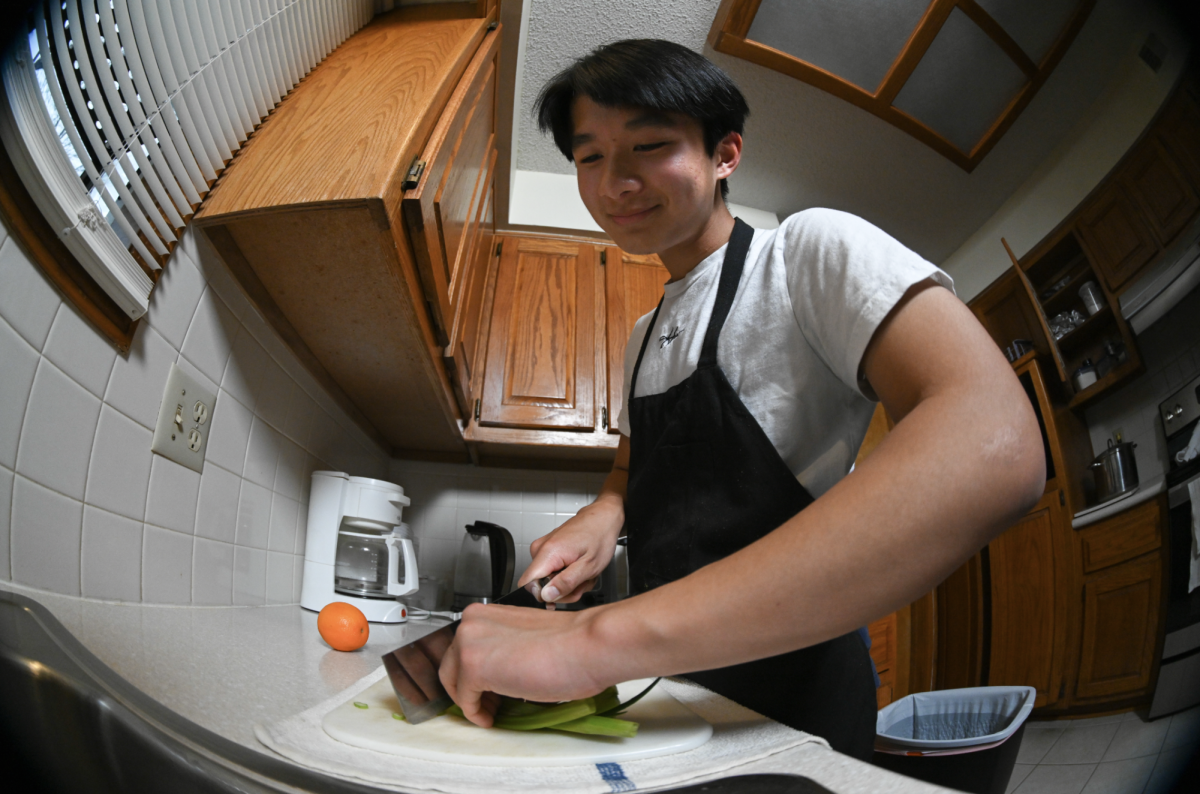Smiling, junior Charles Lin cuts a green onion April 4 in his house. Lin cuts many green onions and oranges daily for his culinary classes.
Photo by Cooper Evans
